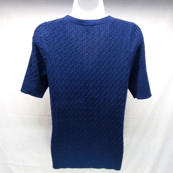 Talbots Prima Cotton Cable Knit Button Down Sweater Short Sleeve V-NECK Blue L.. - Picture 2 of 8